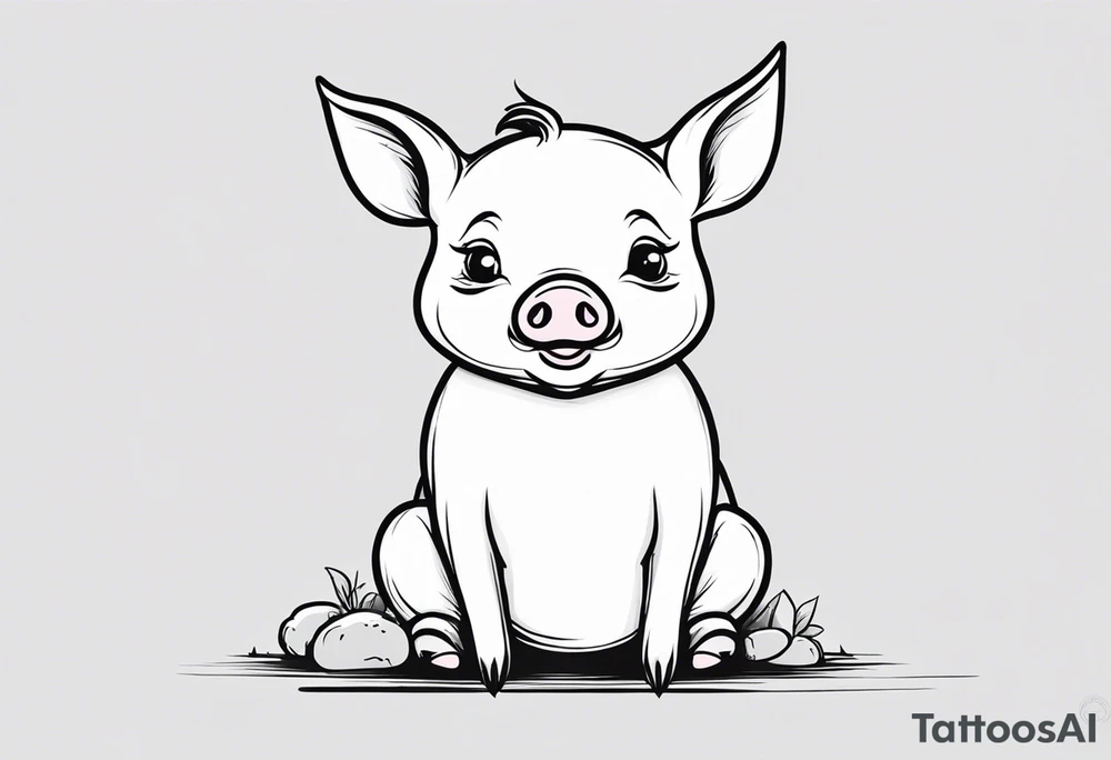 cute pig/piglet sitting on bum. big eyes, small/floppy ears. draw with very thin lines minimal shading, black and white only, with text "friends not food", white background tattoo idea
