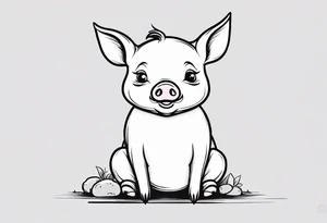 cute pig/piglet sitting on bum. big eyes, small/floppy ears. draw with very thin lines minimal shading, black and white only, with text "friends not food", white background tattoo idea