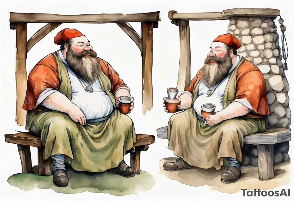 fat man with a long beard but no eyes or nose wearing a mushroom hat and medieval tunic sitting on a bench by a fireplace drinking from a wood cup, laughing tattoo idea