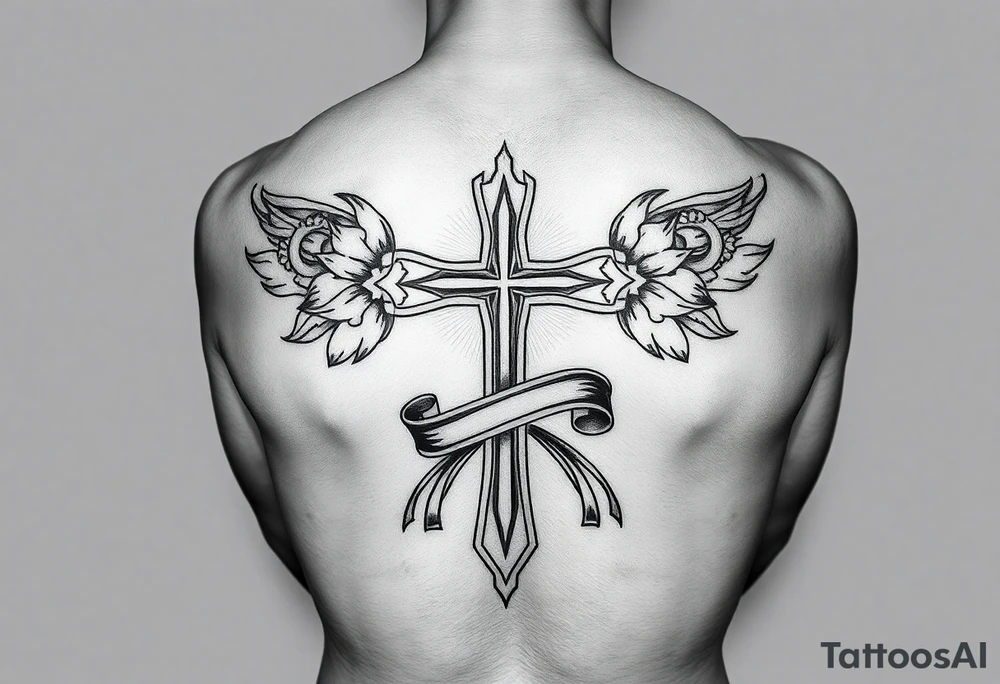 A cross surrounded with ribbon by Micronesian tribal for forearm tattoo idea