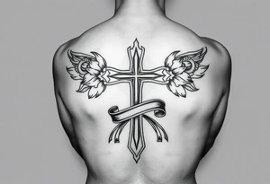 A cross  surrounded with ribbon by Micronesian tribal for forearm tattoo idea