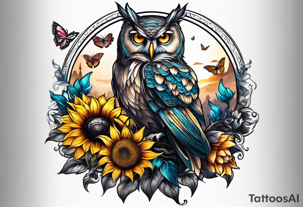 Sleeve with an owl, sunflower and butterfly tattoo idea