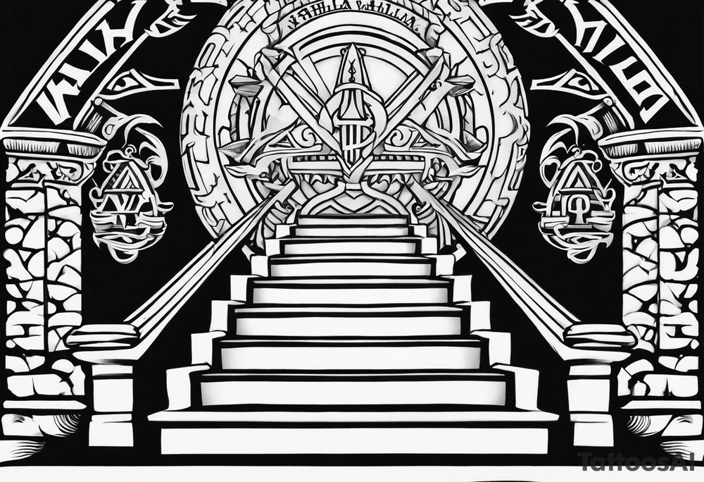Valhalla mist fire sword shield stairs tattoo idea