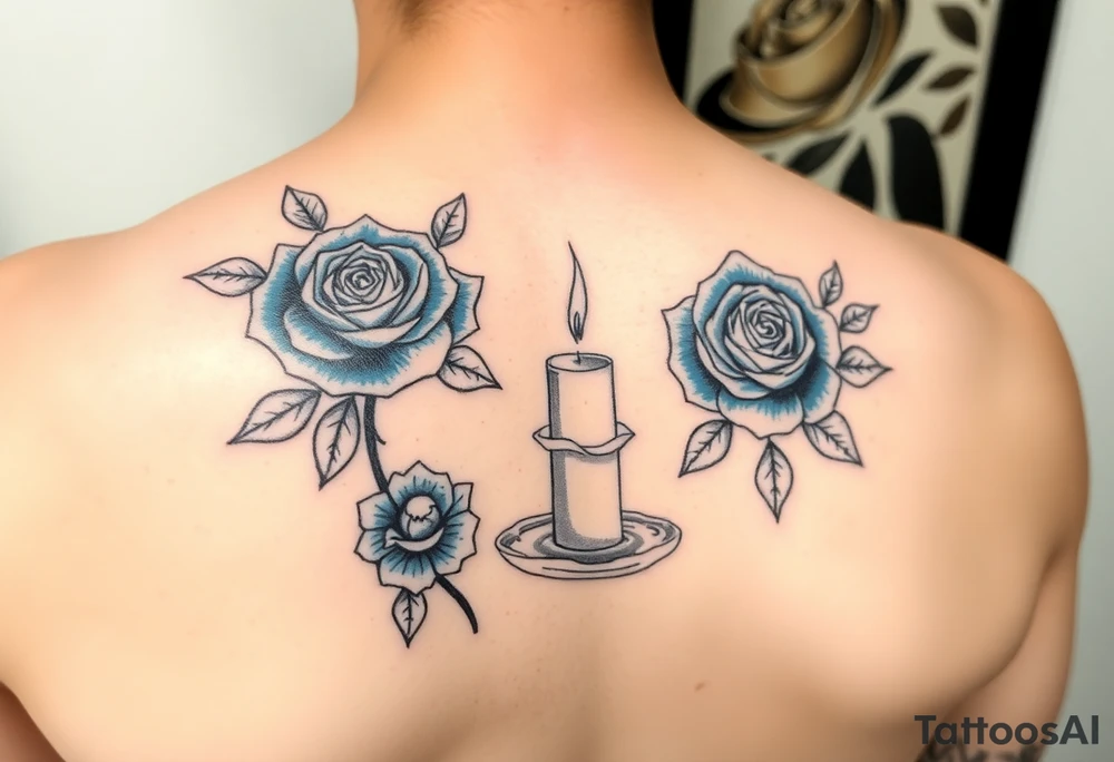 Blue, roses, water, candle tattoo idea