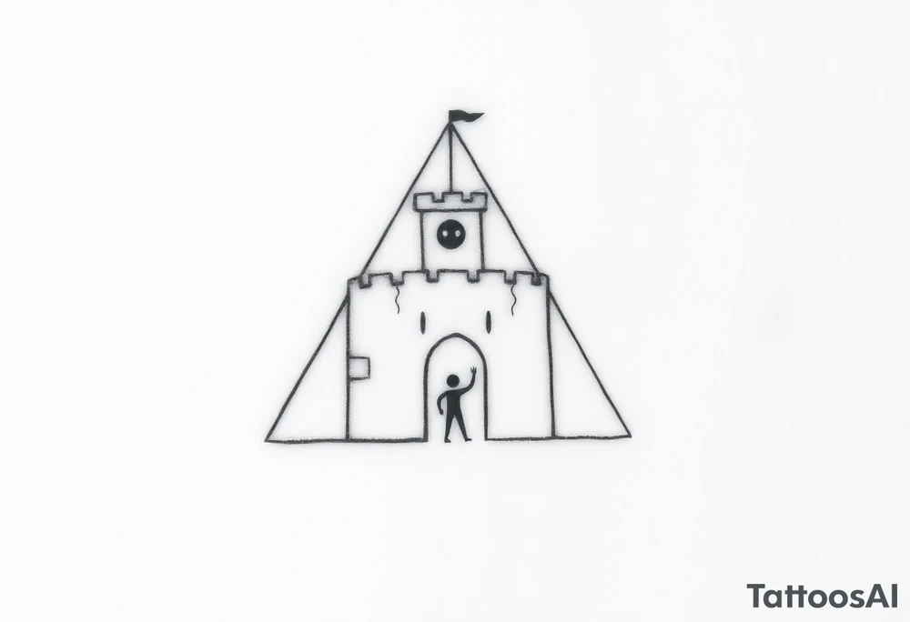Create a minimalistic tattoo design based on a trapezoid shape representing a trap or siege. The trapezoid is the main background and frame.

Inside the trapezoid:

1. A small, simple castle at the top center with smooth walls and a short tower on one side, symbolizing loneliness.


2. A tiny black brick embedded in the castle wall, representing a 225 mg Tramadol pill — looks like a small dark dot from afar.


3. A small smiling mask on the tower with two dots for eyes and a curved line for a mouth, symbolizing hiding inner pain behind a smile.


4. A thin, irregular crack running from the bottom to the top of the castle wall, representing inner wounds and fractures.


5. A thin diagonal ray of light shining from one of the castle windows, symbolizing hope amidst darkness.


6. An abstract, minimal dancer figure in the castle courtyard made with simple lines, symbolizing dancing and perseverance despite being trapped.



The overall design should look clean and geometric from afar, but each element carries personal symbolism and emotional depth. tattoo idea