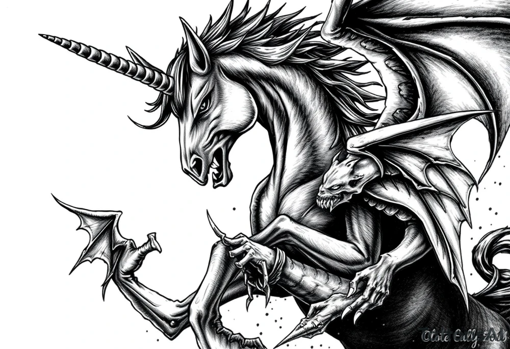 Dark unicorn evil and angry fighting with demons tattoo idea