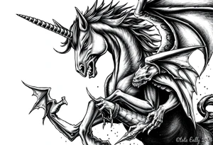 Dark unicorn evil and angry fighting with demons tattoo idea