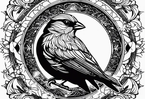 mens neck sleeve sparrow, om symbol, cosmos, iris, daisy, sun rays clouds tattoo idea