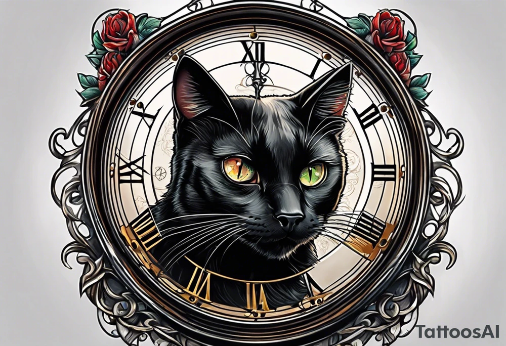 Black cat with a broken clock tattoo idea