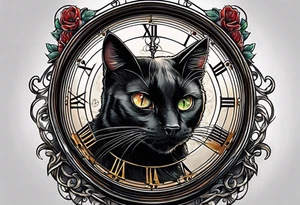 Black cat with a broken clock tattoo idea