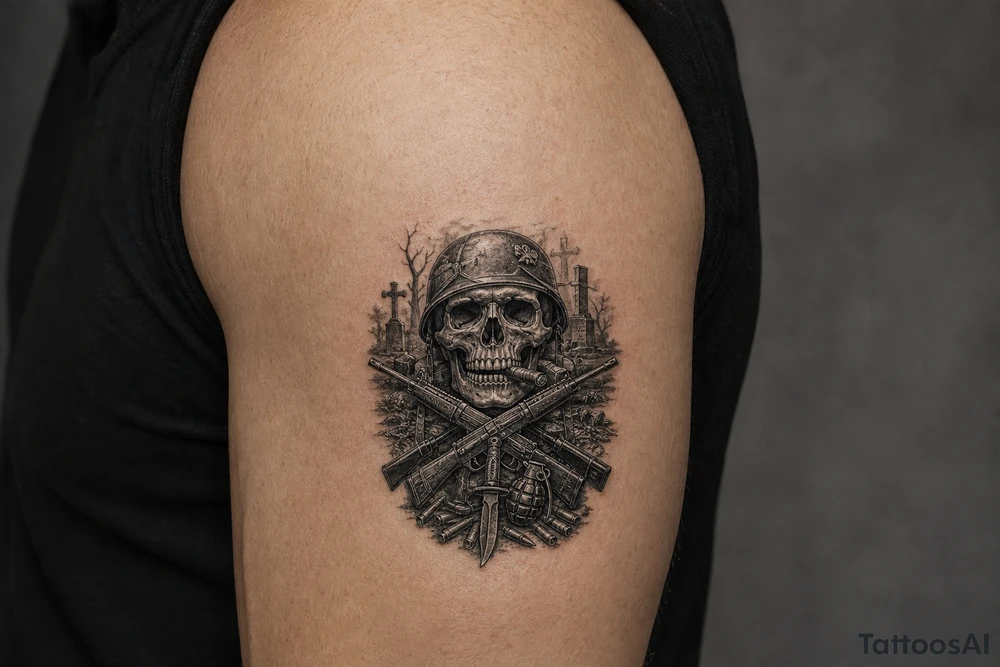 Dark fantasy graveyard, skull in helmet, cigar, crossed rifles, knife, grenade, cartridges. tattoo idea