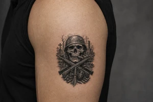 Dark fantasy graveyard, skull in helmet, cigar, crossed rifles, knife, grenade, cartridges. tattoo idea