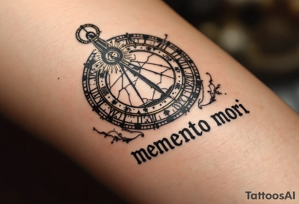 A cracked sundial in old bronze hues, casting a shadow over the words "memento mori" in distressed serif type. tattoo idea