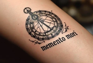 A cracked sundial in old bronze hues, casting a shadow over the words "memento mori" in distressed serif type. tattoo idea