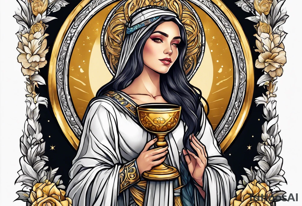 woman saint holding chalice surrounded by golden halo tattoo idea