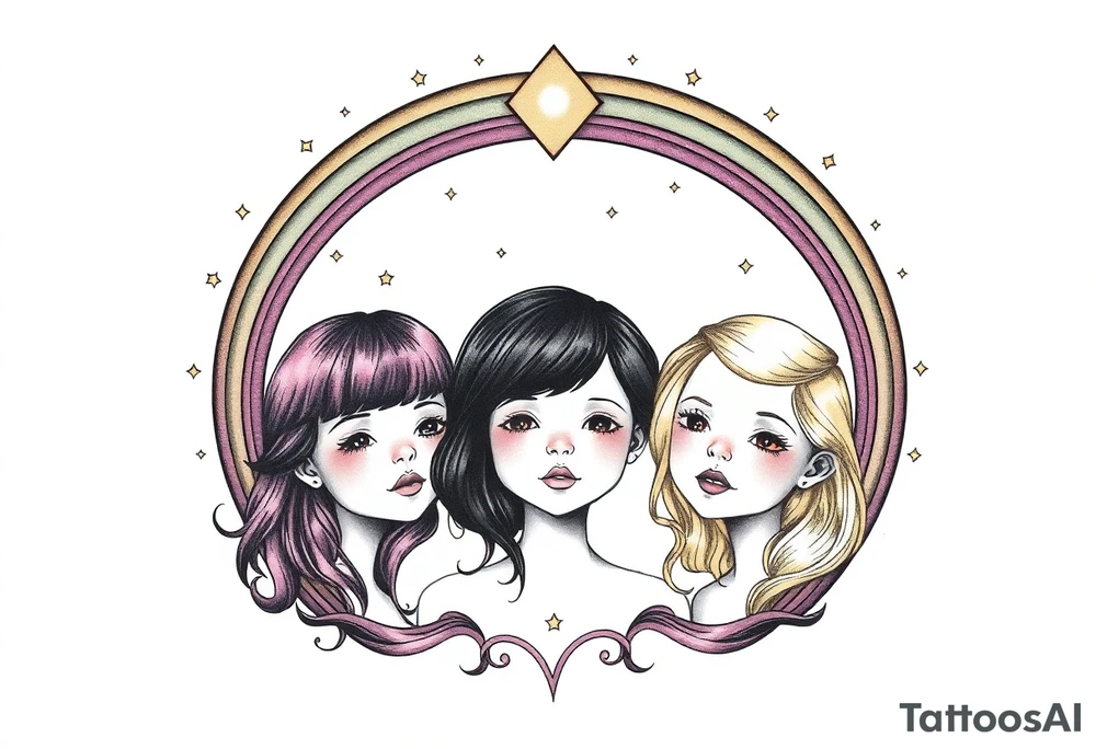 3 petites filles ( une cheveux noir et deux blondes)
sous un arc en ciel incomplet tattoo idea