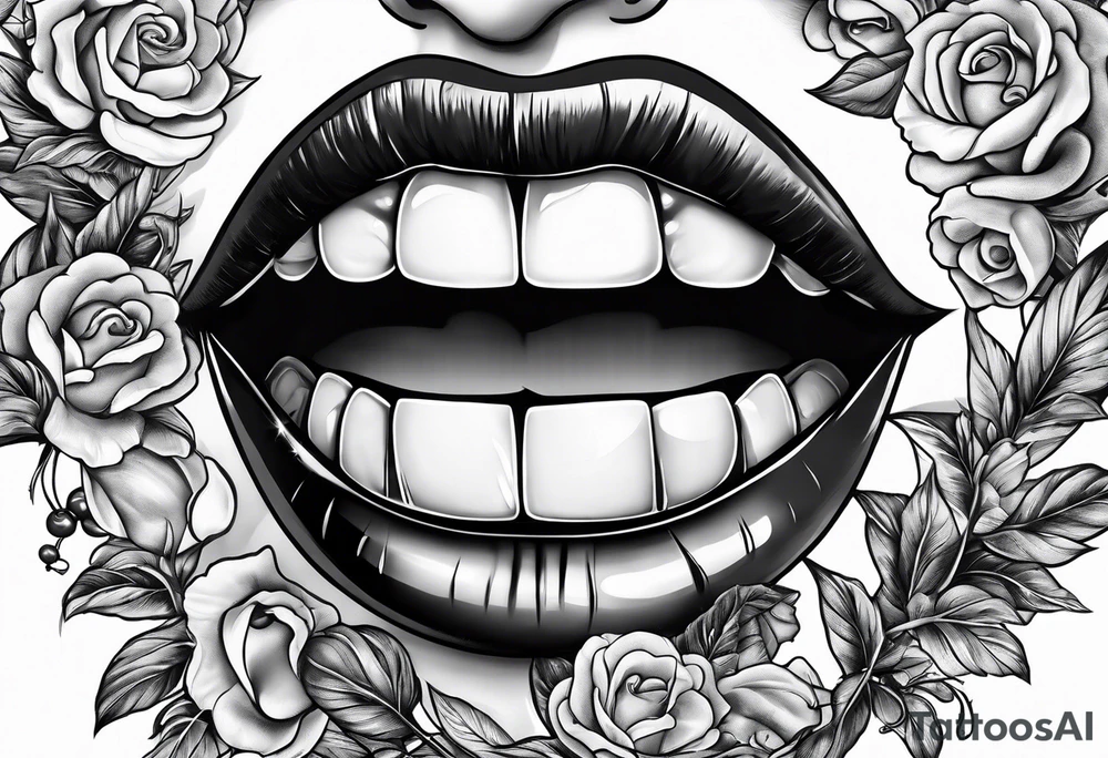 mouth, holding cherry in teeth, lush lips tattoo idea