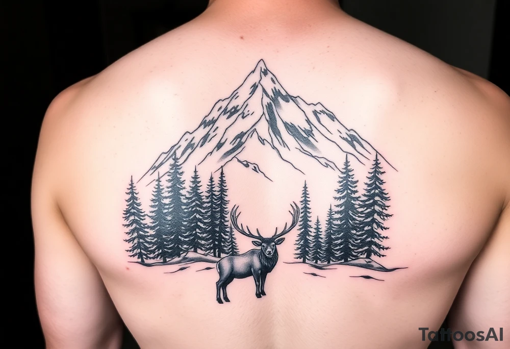 mountain scene with evergreen trees and foreground bull elk at base tattoo idea