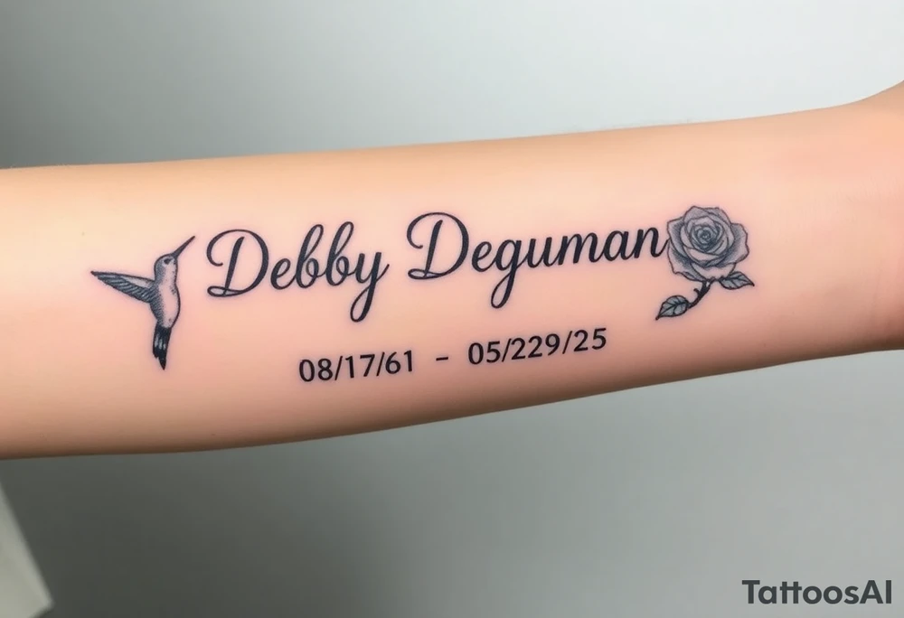 Tattoo of the exact name Debby Deguzman in chunky curly cursive with the exact dates of 08/17/61-05/29/25 surrounded by 1 hummingbird and 1 rose tattoo idea