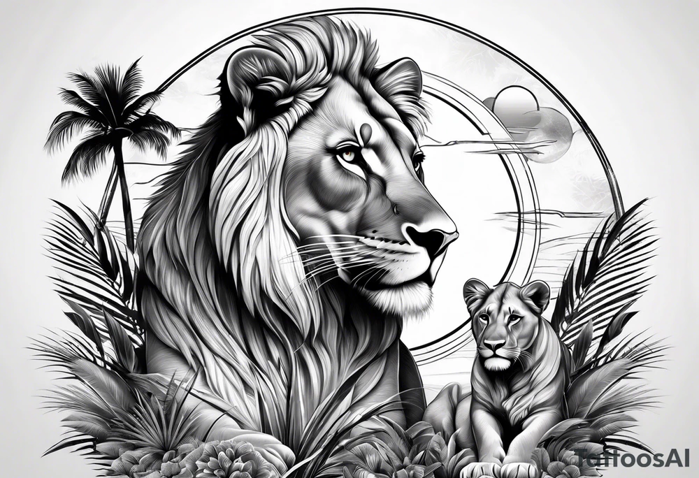 lioness and cub sun palm tree tattoo idea