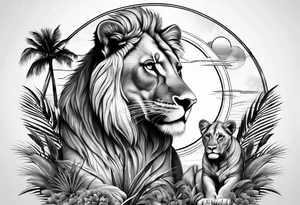lioness and cub sun palm tree tattoo idea