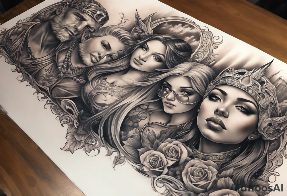 heaven with angels, hell with demons, full arm sleeve tattoo idea