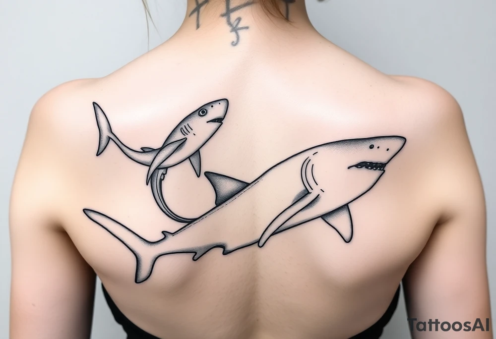 one lemon shark and one whale shark swimming upwards towards the neck tattoo idea