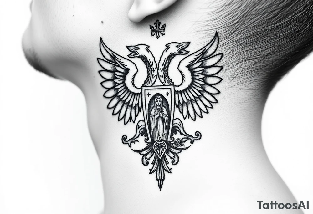 russian coat of arms double headed eagle traditional christian orthodox cross with a virgin mary stood in the entrance of a russian orthodox dome church on the side of the neck in a wilderness setting tattoo idea