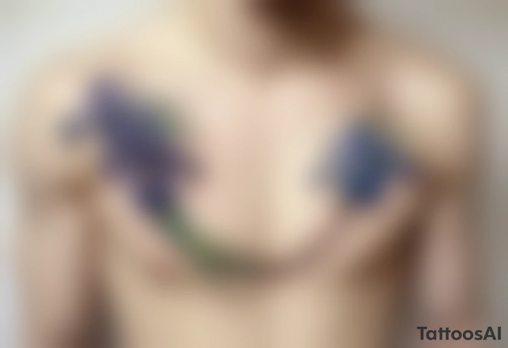Create a small colorful Vincent van Gogh Irises tattoo in the form of a crescent, with vines gracefully intertwining at a central point in the middle of the wreath. The intended placement is on the upper chest. The overall design should be small in size while maintaining a delicate and artistic aesthetic. Pay attention to the graceful flow of the vines and the placement of the irises to achieve a refined and elegant look. tattoo idea