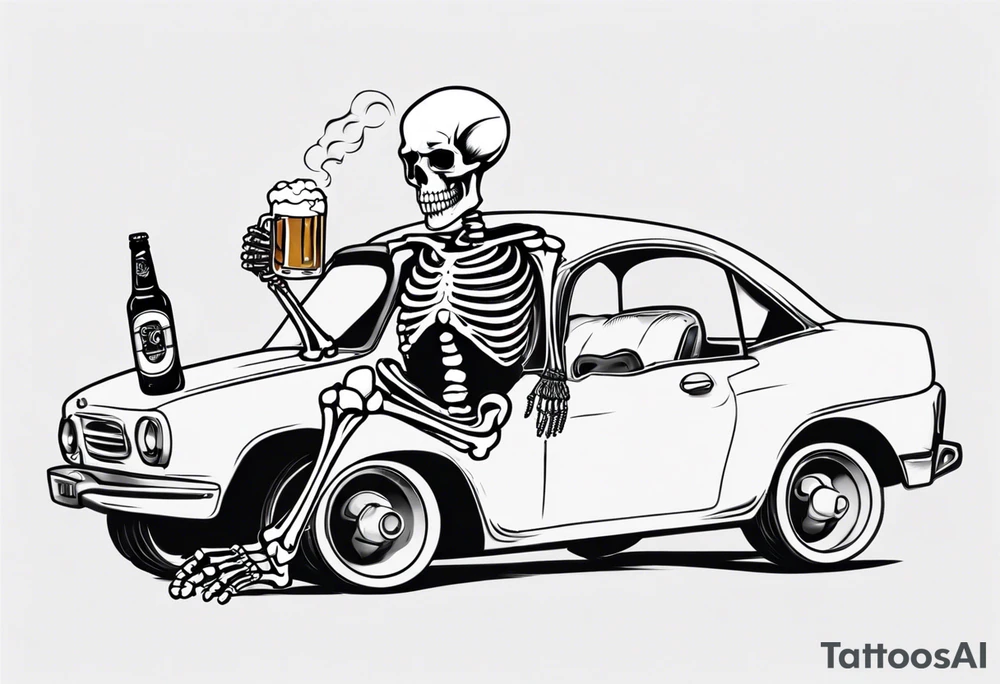A skeleton sitting in a car drinking a beer and smoking tattoo idea