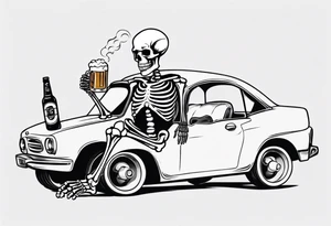 A skeleton sitting in a car drinking a beer and smoking tattoo idea