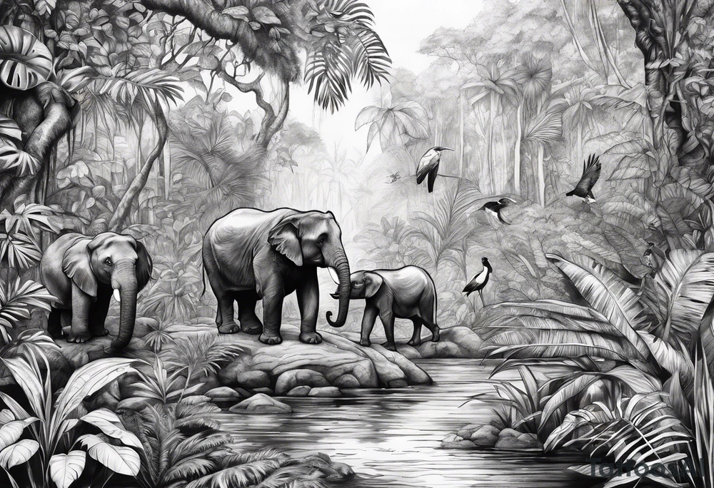 Jungle rainforest with animals canvas tattoo idea