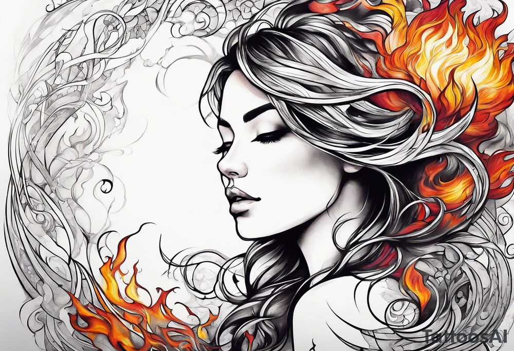 Resurrection strength and courage Beautiful Woman walking through fire and chaos to inner peace and self-love  ethereal tattoo idea