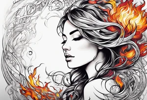 Resurrection strength and courage Beautiful Woman walking through fire and chaos to inner peace and self-love  ethereal tattoo idea