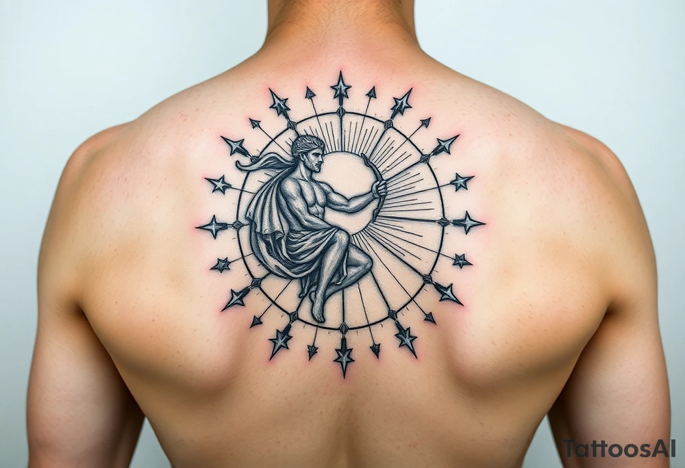 For the tattoo, you could have Apollo at the center of the constellation or circle of stars, holding his lyre (which represents harmony and creativity) or a bow (symbolizing precision and aiming toward your goals). His radiance could emanate outward, subtly merging with the stars or constellation, representing how your potential—though it might still be unfolding—is being guided and illuminated by his influence.

You could also place the one "unreached" star just slightly outside of the central circle, with Apollo’s light reaching toward it, signifying that while you may not have fully realized your potential yet, it's something that Apollo's guidance can help bring into focus. On the arm and part of a sleeve tattoo idea