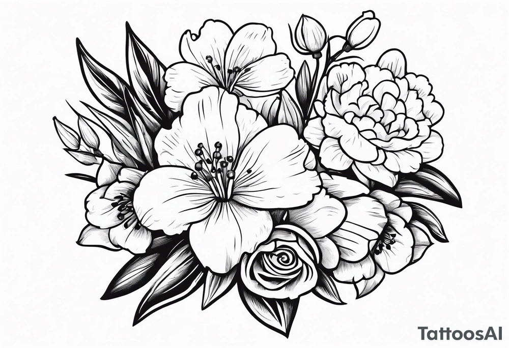 Bouquet 
with 1 snowdrop 2 carnations 1 rose 1 lily of the valley 1 daffodil 1 peony tattoo idea