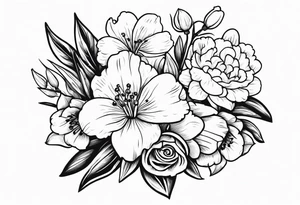 Bouquet 
with 1 snowdrop 2 carnations 1 rose 1 lily of the valley 1 daffodil 1 peony tattoo idea