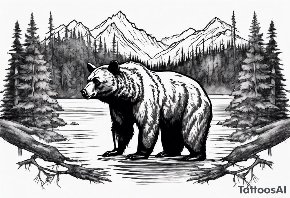black bear over a forest with a lake below tattoo idea