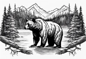 black bear over a forest with a lake below tattoo idea