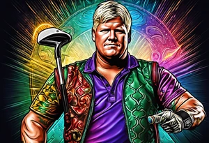 Golfer John Daly wearing the Infinity Gauntlet on one hand and holding a putter on the other hand on the 18th hole of the Masters. tattoo idea