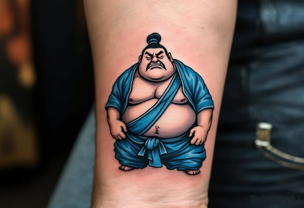 A sumo wrestler in traditional blue mawashi with a focused expression and stylized black outlines. tattoo idea
