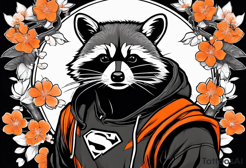 Raccoon wearing a white Superman logo on a black hoodie and orange Japanese cherry blossoms beside tattoo idea