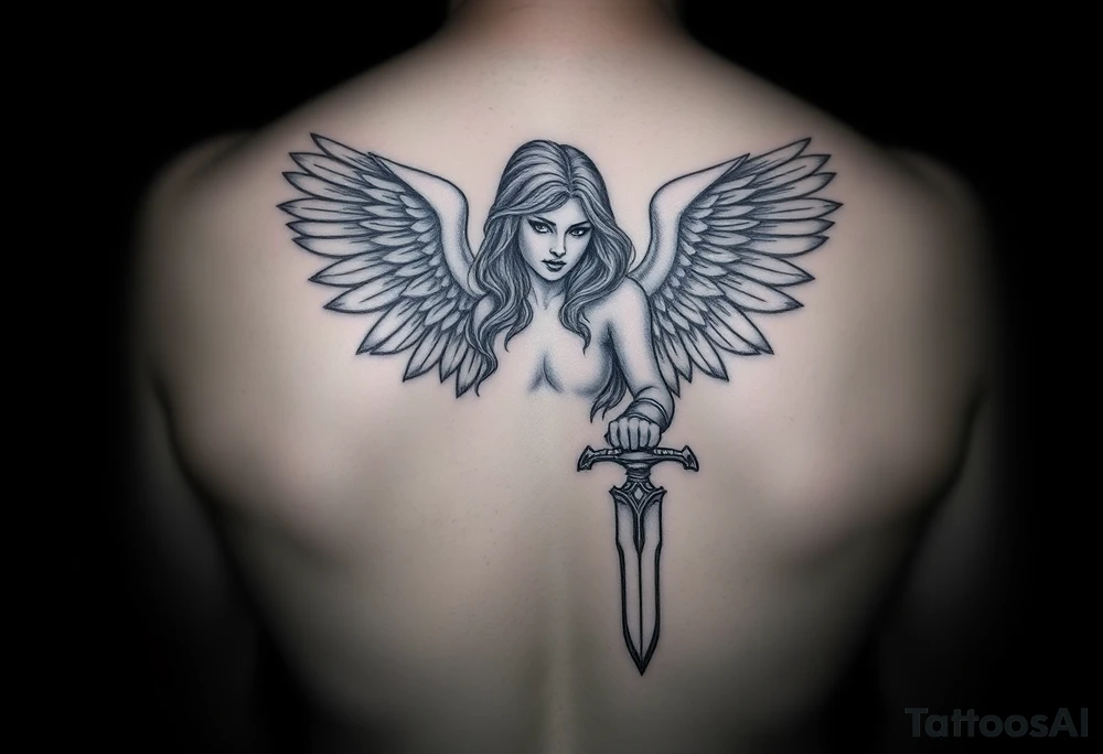 Fierce Female Angel warrior with dagger Greek style with dark shading tattoo idea