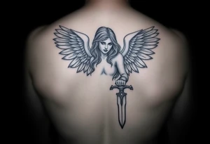 Fierce Female Angel warrior with dagger Greek style with dark shading tattoo idea