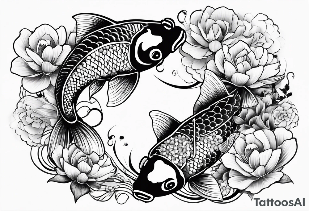 2 koi fish and flowers tattoo idea