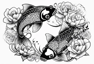 2 koi fish and flowers tattoo idea