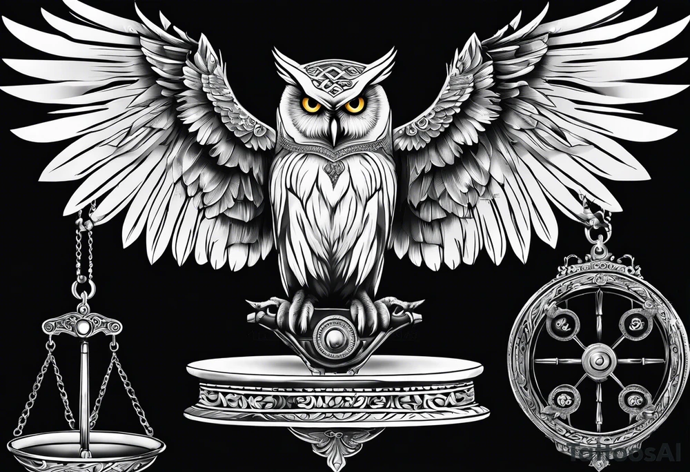 Flying owl holding a Libra scale with its claws tattoo idea Flying owl holding a Libra scale with its claws tattoo idea