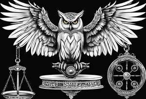 Flying owl holding a Libra scale with its claws tattoo idea
