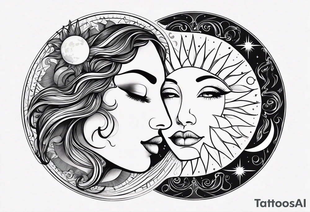 sun and the moon, the overlap
the sun has a woman's half 
face, and the moon, a man's face half making a single face tattoo idea