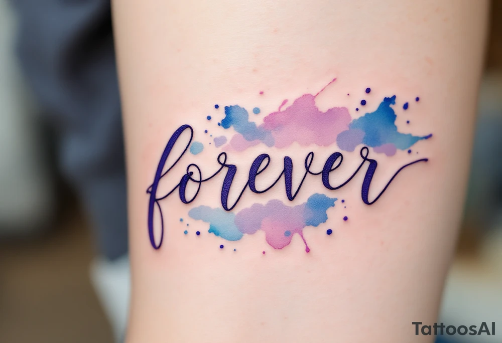 A watercolor-style "forever" in splashes of blue and purple, surrounded by paintbrush strokes. tattoo idea